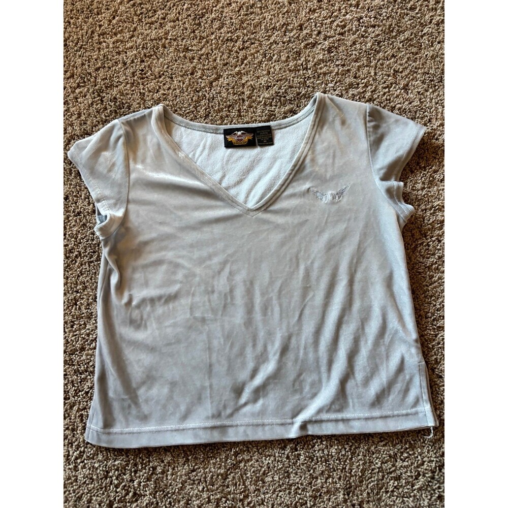 Vintage Harley Davidson Women’s Top V Neck Grey Size Medium Velour Short Sleeve